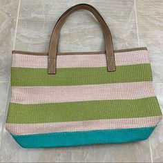 - New Without Tags! - Brown And Green Colored Striped With A Turquoise Bottom - Super Spacious - Extra Pockets In The Inside - Perfect For Traveling, Going To The Beach, Diaper Bag, Etc. - Strap Drop: 8” - Measurements: 18" X 12" X 5” Bundles Are Welcomed Casual Green Beach Bag With Handles, Green Canvas Shoulder Bag For Beach, Tan Shoulder Bag For Summer Vacation, Rectangular Tan Shoulder Bag For Beach, Summer Tan Straw Tote Bag, Beach Tote Straw Bag Made Of Canvas, Tan Shoulder Bag For Summer Beach Outings, Tan Shoulder Bag For Summer Beach, Green Canvas Beach Bag For Vacation