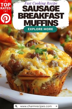 a close up of a muffin on a plate with text overlay reading easy cooking recipe sausage breakfast muffins explore more