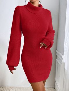 Rojo Elegante Collar manga larga Lana Peinada Liso  Embellished Elástico Ligero Long Stretch Sweater Dress For Winter, Non-stretch Long Sweater Dress For Winter, Knitted Knee-length Sweater Dress For Winter, Winter Knitted Sweater Dress, Ribbed Long Sleeve Sweater Dress, Fitted Long Sweater Dress For Winter, Knee-length Knit Sweater Dress For Winter, Winter Knee-length Knit Sweater Dress, Non-stretch Long Sleeve Sweater Dress For Party