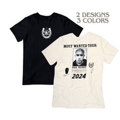 Bad Bunny Most Wanted Tour 2024! Nadie Sabe Lo Que Va A Pasar Mañana!! 🐰👁️ DESIGN 1  Chest down: Bad Bunny Most Wanted Poster  DESIGN 2 MidChest: Ojo w/ Horseshoe Upper Back down: Bad Bunny Most Wanted Tour Poster Shirt is nice and comfortable. Midweight cotton, mid thick and soft. 100% cotton, pre-shrunk. Unisex Sizes True to Size!! If you like a LOOSE & BAGGY FIT, we recommend sizing up. Care Washing: Wash inside out and tumble dry low, if need to iron do so inside out FAST SHIPPING (1-2 DAYS) DELIVERY TIMES (STANDARD 2-7 DAYS, EXPRESS 1-3 DAYS) *REFUND & RETURN POLICY: * Since these are made to order, All sales are final. If you have any questions or concerns, feel free to message us!! Thank you for understanding! Bad Bunny Shirt Ideas, Wanted Poster Design, Most Wanted Poster, Bad Bunny Gifts, Bad Bunny Custom Shirts, Bad Bunny T Shirts, Bad Bunny Disney Shirt, Bad Bunn Shirt, Down Bad