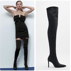 Over The Knee Fabric Boots Heel Height 3.7" Us 7.5 Euro 38 Spring Evening Knee-high Boots, Black Pointed Toe Knee-high Boots For Spring, Black Zara Heels For Winter, Zara High Ankle Fitted Heels, Zara Black Heels For Winter, Zara Winter Boots For Night Out, Zara High Ankle Heels, Zara Fitted High Ankle Heels, Zara High Ankle Heeled Boots For Night Out