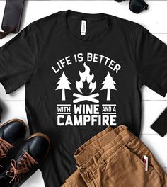 This "Life Is Better With Wine And A Campfire" design is the perfect shirt for anyone that wants to just go to the mountains or anywhere outdoors and drink some wine! All shirts are unisex (Male & Female) and any tee with rolled sleeves is done just for the picture. Campfire Design, Camping Wine, Ugly Christmas Sweater Couples, Christmas Sweater Party, Ugly Christmas Sweater Party, Adventure Shirt, To The Mountains, Rolled Sleeves, Perfect Couple