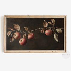 an oil painting of apples hanging on a branch