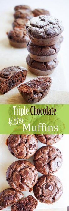 chocolate cookies stacked on top of each other with the words triple chocolate keto muffins