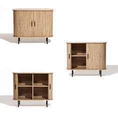 three wooden cabinets with metal legs and shelves