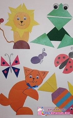 an image of children's art work with animals and bugs on white paper sheet