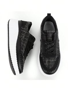 Womens Platform Sneakers Lace Up Comfortable Casual Fashion Sneaker Walking Shoes Black Sporty   Fabric Plaid    Women Shoes, size features are:Bust: ,Length: ,Sleeve Length: Fabric Sneakers With Textured Sole And Round Toe, Trendy Fabric Sneakers For Streetwear, Black Sneakers With Textured Upper And Round Toe, Black Textured Upper Sneakers With Round Toe, Trendy Streetwear Fabric Sneakers, Black Textured Lace-up Sneakers, Trendy Black Platform Sneakers With Flat Heel, Black Trendy Platform Sneakers With Flat Heel, Trendy High-top Fabric Sneakers