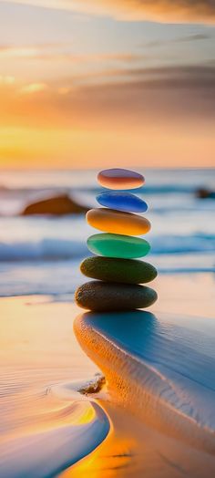 a stack of rocks sitting on top of a beach next to the ocean at sunset