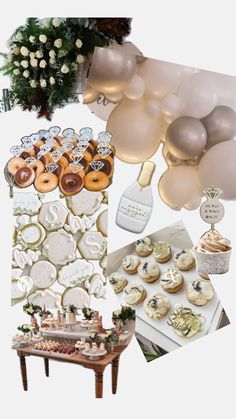 an assortment of desserts and balloons are arranged in the shape of a collage