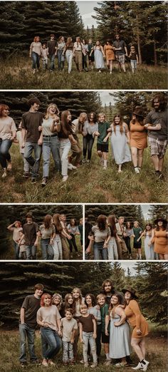 a group of people standing next to each other in the grass with trees behind them