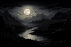 a dark landscape with mountains and a river under a moonlit sky, in the foreground is a full moon