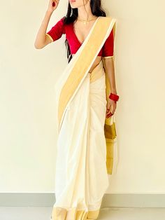 Set Saree Ideas, White Onam Saree, Set Saree Poses, Onam Saree Styling, Kerala Saree Draping Styles, Onam Celebration Dress, Onam Blouse Ideas, Onam Saree Aesthetic, Onam Poses In Saree