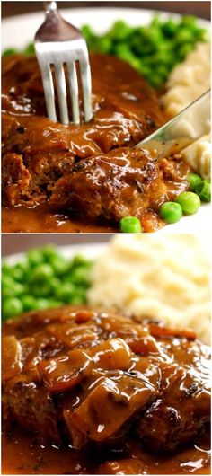 two pictures of meat with gravy and mashed potatoes on the side, one has a fork in it