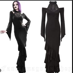 Killstar Dollskill Forever Fades Black Gothic Gown Bell Sleeves Small. This Dress Is New And Has Never Been Worn. This Is The Dress I Got Married In, Well In A Size 2x, I Lost A Boatload Of Weight And Re Purchased In My New Size. I Have Never Worn This And It’s Been In A Plastic Tub Since 2017. They Don’t Sell It Anymore. It’s So Gorgeous In Person. I Have Measurements In Photos. It’s Slightly Stretchy. No Flaws. I’m Ready To Let It Go. Gothic Black Gown For Halloween, Gothic Evening Ball Gown, Gothic Black Fitted Evening Dress, Fitted Black Gown For Halloween, Fitted Long Sleeve Halloween Gown, Fitted Gothic Black Evening Dress, Halloween Fitted Long Sleeve Gown, Fitted Long Sleeve Gown For Halloween, Fitted Black Gothic Evening Dress