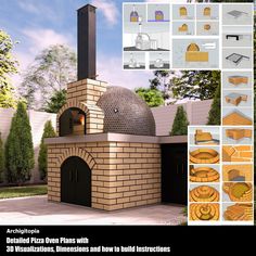 an outdoor pizza oven is shown with instructions to build it and how to use it