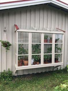 an old window is filled with potted plants