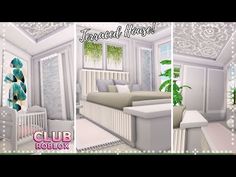 three different views of a bedroom with white furniture and green plants in the window sill