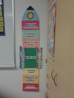 a bulletin board hanging on the wall next to a door with magnets in it