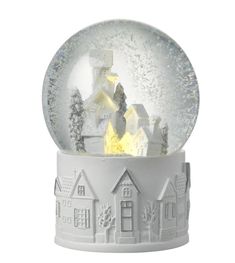 a snow globe with houses and trees inside