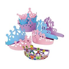 four crowns are shown in different colors and designs, one is pink, the other is blue