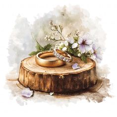 two wedding rings sitting on top of a tree stump with flowers and petals around them