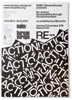 a poster with black and white letters on it's sides, including the words action by reception