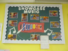 a bulletin board with pictures of musical instruments on it's sides and the words showcase music