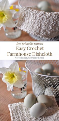 an easy crochet dishcloth with eggs and daffodils