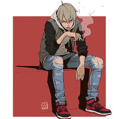 a man sitting on top of a red bench wearing ripped jeans and a hoodie