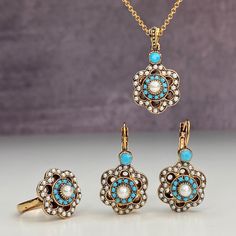 This diamond-looking set, which was frequently used in the 1930s and 1960s around the world, was produced by placing pearls and turquoise stones on a diamond mount. Our set has been carefully designed to reflect the elegance of the past. They were designed by Tansel Baybara, the designer of the Story Designer Store, and were included in the Diplomatic Heritage Collection for the exhibition of the Magnificent Century TV Series in 2013. The stones in these handmade earrings are handcrafted by wome The Magnificent Century, Necklace And Ring, Designer Store, Turquoise Crystal, Love Earrings, Magnificent Century, Turquoise Stones, Heritage Collection, Perfume Spray