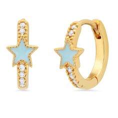 This adorable huggie is adorned with a whimsical enamel star. Wear this alone or add to your existing ear stack for a fun, springy vibe! Gold plated brass, CZ, enamel Available in: Sky Blue, Navy and White SKU: TE-2759 Preppy Accessories, Preppy Jewelry, Ear Stack, Jewelry Accessories Ideas, Classy Jewelry, Jewelry Lookbook, Girly Jewelry, Jewelry Inspo, Dream Jewelry