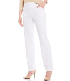 From Investments&#x2C; these pants feature:two-way stretch fabricationSecret Support® tummy panelfunctional front pocketspull-on constructionapprox. 29" short inseam&#x2C; 31" regular inseam&#x2C; 33" long inseampolyester/rayon/spandexmachine wash/tumble dry lowImported. White Fitted Bottoms With 5-inch Inseam, Classic Stretch Bottoms With Side Pockets, White Fitted Bottoms With Comfort Waistband, Fitted White Bottoms With Comfort Waistband, Classic Pull-on Bottoms With 5-inch Inseam, Fitted White Bottoms With Side Pockets, Fitted White Bottoms With Hip Pockets, Stretch Pants With Side Pockets And 5-inch Inseam, Fitted Ankle-length Pants With Comfort Waistband