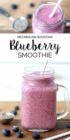 blueberry smoothie in a mason jar with spoons