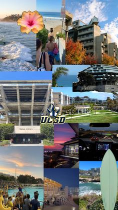 a collage of photos with people and surfboards in the foreground, buildings on the other side