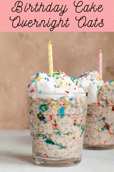 birthday cake overnight oats with sprinkles and candles in small glass cups