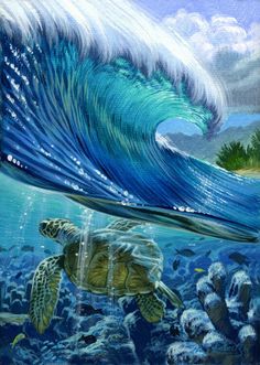 the poster for radio radware featuring a turtle swimming over a large wave