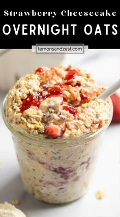 strawberry cheesecake overnight oats in a glass jar