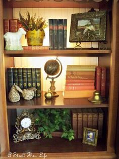 a book shelf filled with books and other items