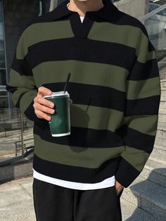 Verde Casual Collar Manga hasta la Muñeca Lana Peinada Color combinado,A rayas Pullovers Embellished Elástico Alto Mens Striped Sweater, Timeless Fashion Pieces, Men Fashion Casual Outfits, Casual Stripes, Knitwear Men, Fall Sweaters, Men Clothing