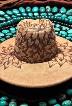 Our Sunflower Serenade boho hat is uniquely yours. Add your name or initials to make it your own truly.  This tan, faux suede boho hat provides a 9.5-inch wide brim for weather protection and an is banded  to accommodate most head sizes (56-58 cm). Ethically sourced.  All custom hats will have slight variations due to them all being custom-made. Bee Hat, Gifts Boho, Hat Western, Felt Cowboy Hats, Painted Hats, Rancher Hat, Western Hat, Boho Hat, Hat Custom