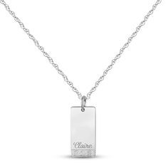 Make this beautiful name dog tag necklace your own. Set in chic 14K white gold, the pendant sparkles with brilliant round diamonds and can be personalized with your name. The pendant hangs from an 18-inch rope chain that secures with a spring ring clasp. Elegant White Gold Dog Tag Necklace, White Gold Dog Tag Necklaces For Gift, Engraved White Gold Necklace With Rectangular Pendant, Elegant Dog Tag Necklace For Anniversary, White Gold Engraved Necklace With Rectangular Pendant, Engraved White Gold Dog Tag Necklace, Modern Personalized Dog Tag Jewelry, Elegant Silver Dog Tag Necklace, Personalized White Gold Dog Tag Necklace