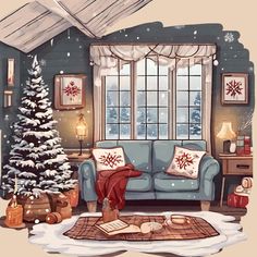 a living room filled with furniture and a christmas tree