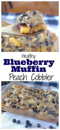 blueberry muffin with peach cobbler on top and in the bottom, there is a spoon full of dessert