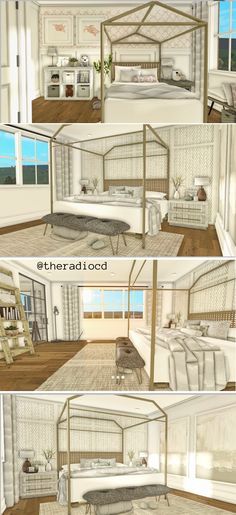 three different views of a bedroom with white walls and wood floors, including the bed