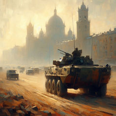 an army tank driving down a dirt road in the middle of a city with tall buildings behind it