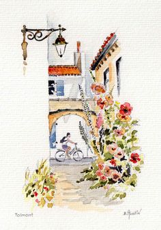 a watercolor painting of a building with flowers in the foreground and a bicycle parked outside