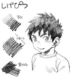 a drawing of a boy with black hair and some other things in the background that are drawn