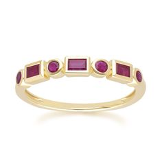 A Stunnine Classic Ruby Eternity Ring in 9ct Yellow Gold.  A gemstone of passion, the ruby signifies desire and success and is the perfect gift from a loving partner. As a birthstone, Ruby represents July birthdays  Discover Gemondo's classic jewellery with a range of timeless designs set with natural gemstones. Find elegant gemstone rings and occasion jewellery pieces that never go out of style. A quick buff with a jewellery cleaning cloth will remove metal tarnishes and keep gemstones looking Elegant Red Gemstone Eternity Band, Luxury Red Ruby Half Eternity Ring, Fine Jewelry Ruby Stackable Rings, Ruby Stackable Promise Ring, Fine Jewelry Stackable Ruby Promise Ring, Fine Jewelry Stackable Ruby Rings, Ruby Eternity Band Fine Jewelry As A Gift, Luxury Stackable Ruby Ring With Round Band, Ruby Eternity Band As A Gift, Fine Jewelry Style