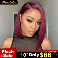 Flash Sale | 180% Density Wear Go Glueless Bob Wigs 99j Burgundy Color Pre Cut Lace Straight 4x6 Lace Closure Wigs PrePlucked With Human Hair 99j Bob Wig, Long In Front Short In Back Hair Bob, Side Part Swoop Bob Weave, Burgundy Hair Bob, Side Part Quick Weave Bob, Deep Side Part Bob, Artist Uniform, 99j Bob, Side Bob