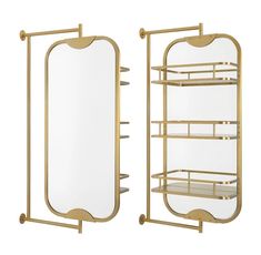 two gold metal shelves with mirrors on each shelf and one has a mirror in the middle